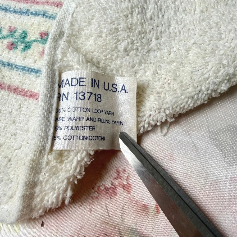 Vintage Bunny Floral Striped Hand Towel Fringed‎ Made in USA RN 13718 Cream